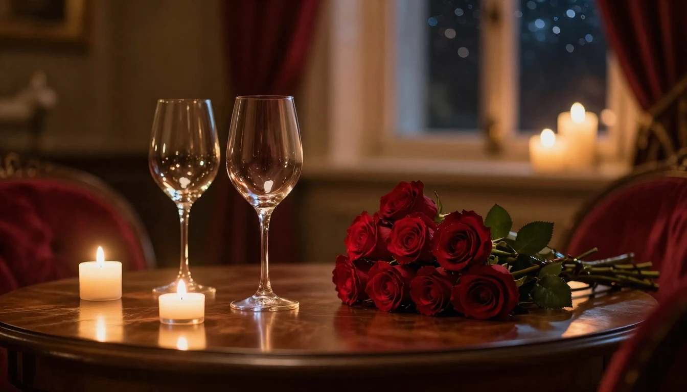A cozy, dimly lit room during a romantic evening. On a woode...