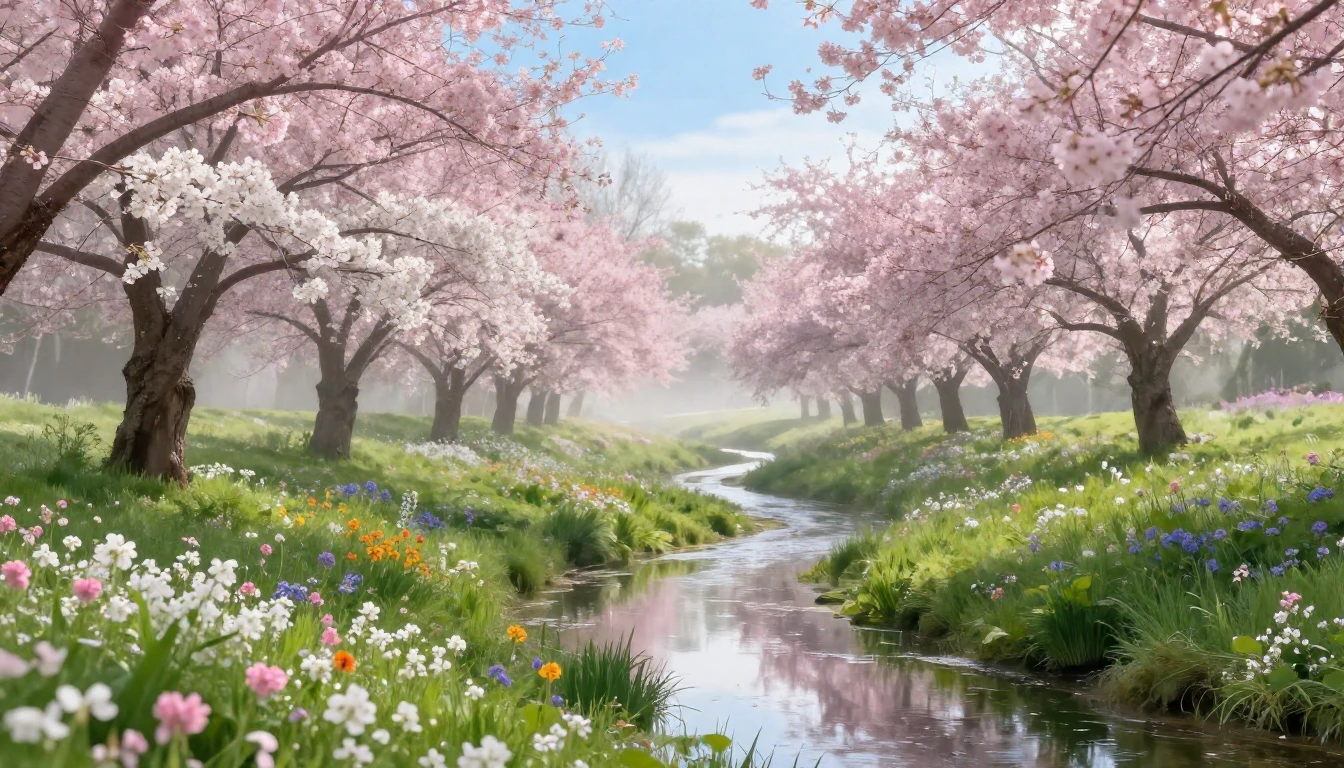 A breathtaking spring landscape featuring a lush meadow fill...