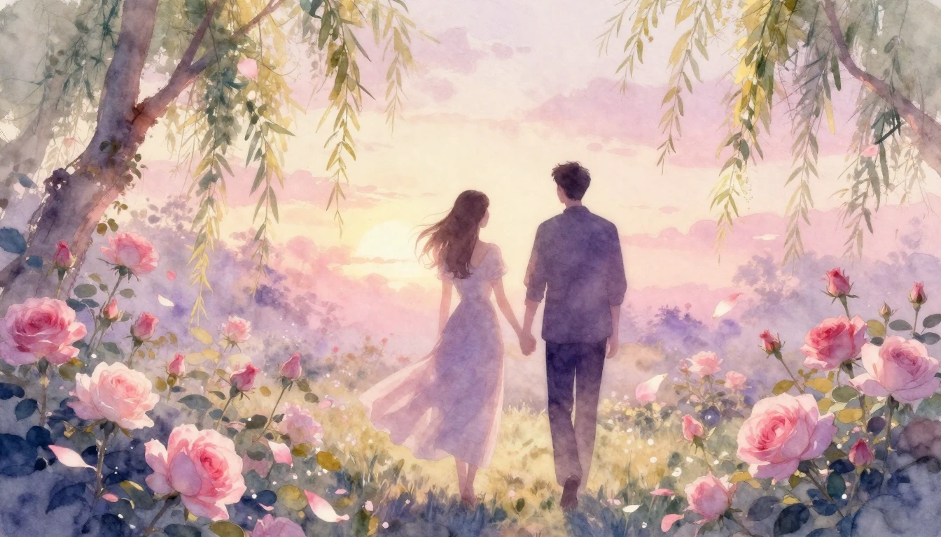 A delicate watercolor painting of two silhouettes walking ha...