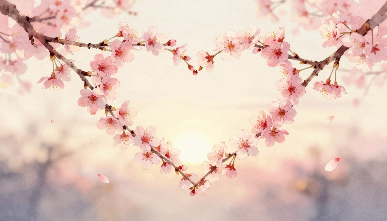 A delicate watercolor painting of two intertwined cherry blo...