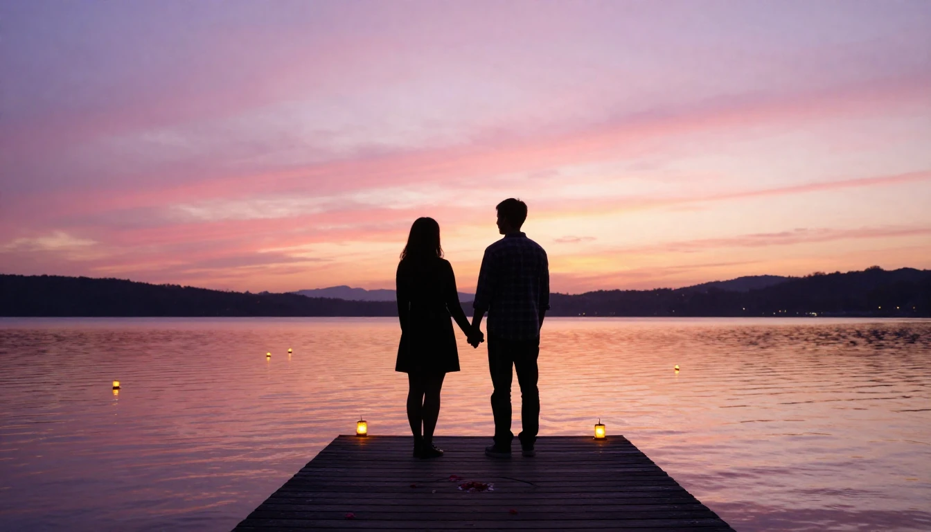 A romantic and atmospheric scene showing two silhouettes of ...