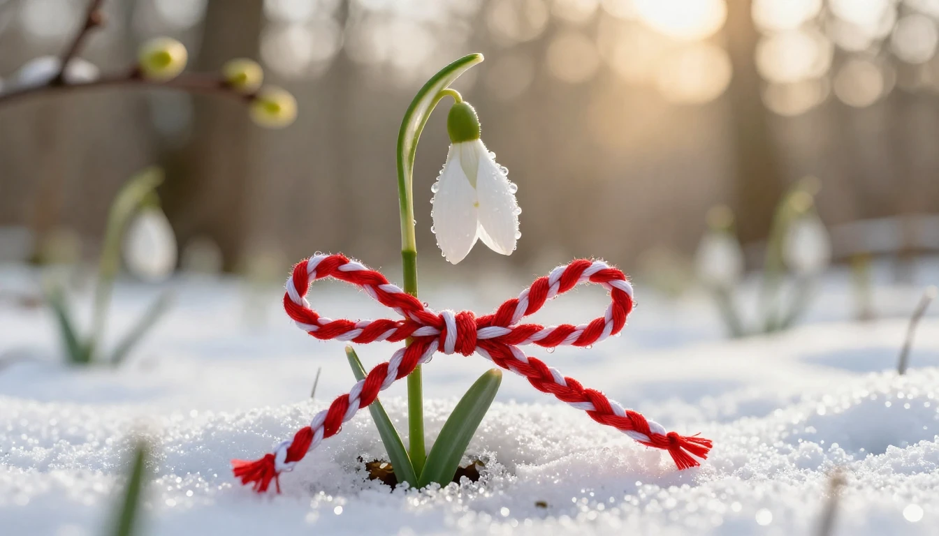 A delicate white snowdrop flower emerging from a thin layer ...
