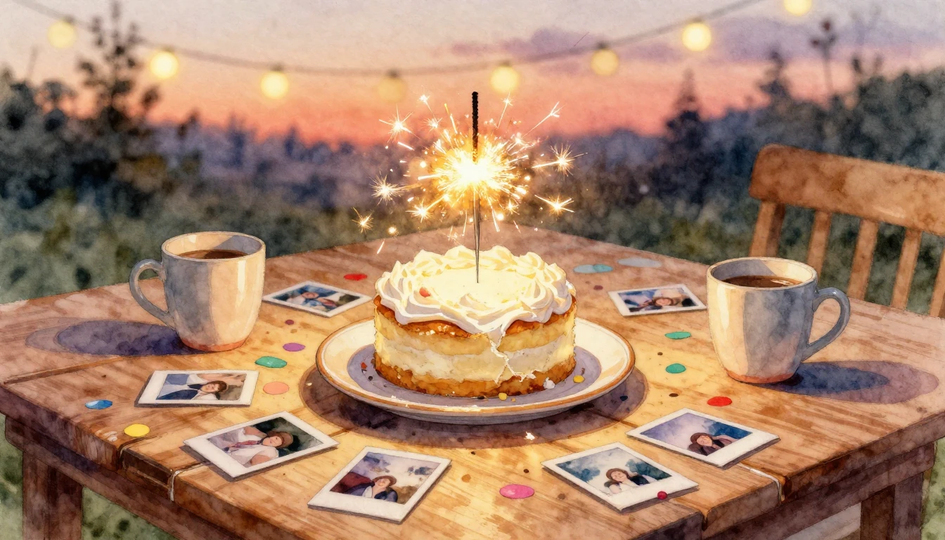 A cozy, intimate watercolor painting of a rustic wooden tabl...