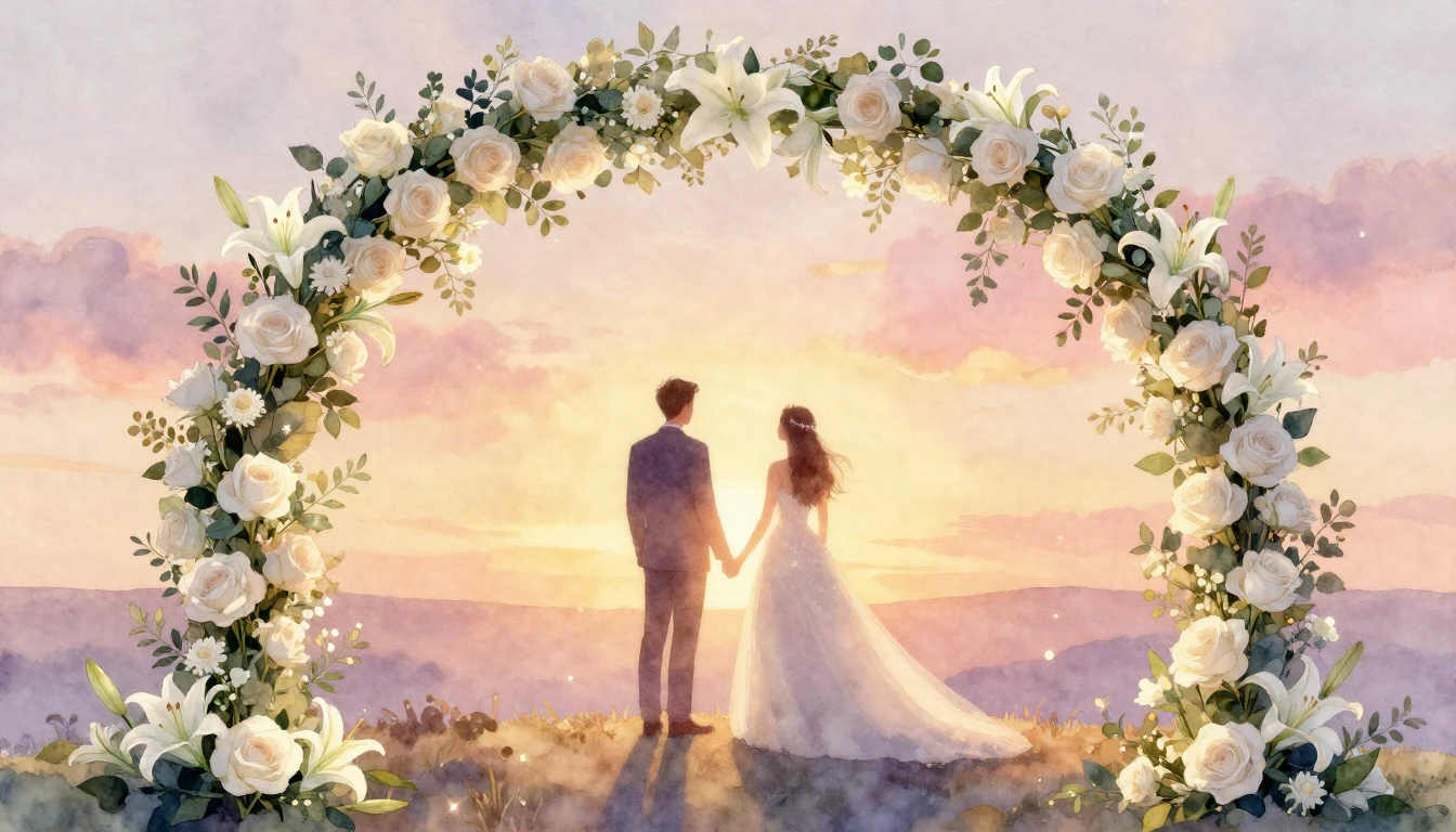 A soft and dreamy watercolor painting of a wedding couple st...
