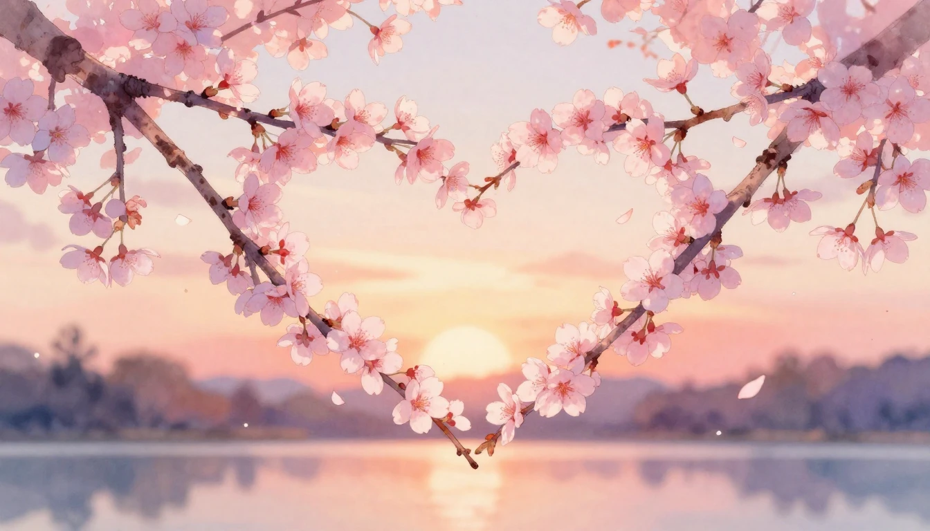 A delicate watercolor painting of two intertwined cherry blo...