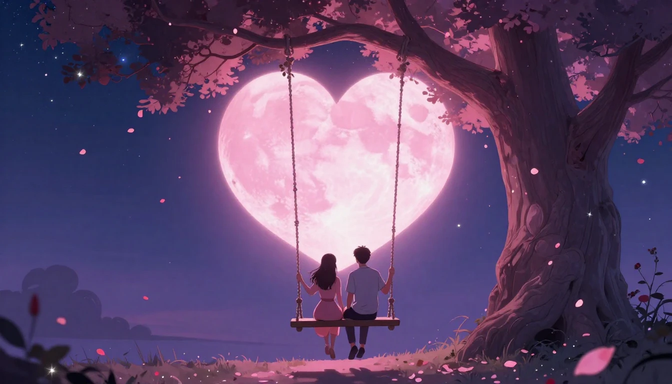 A romantic and dreamy illustration of a couple sitting on a ...