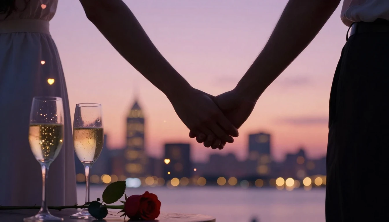 A romantic composition featuring a couple holding hands in s...