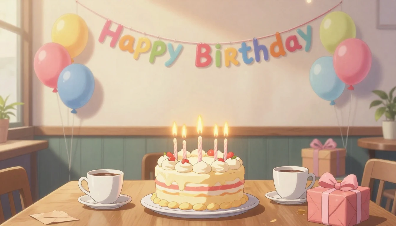 A heartwarming birthday celebration scene in a cozy cafe, an...