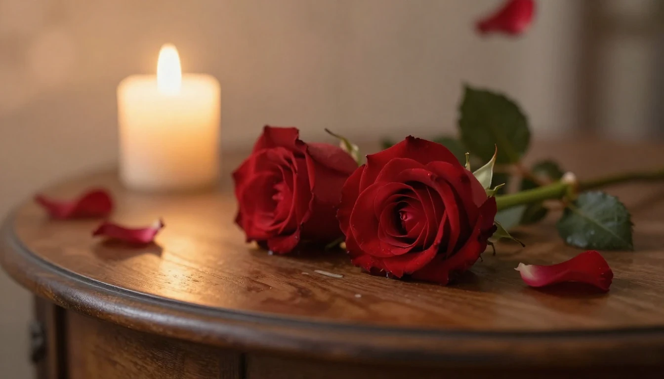 A dreamy and romantic scene featuring two delicate red roses...