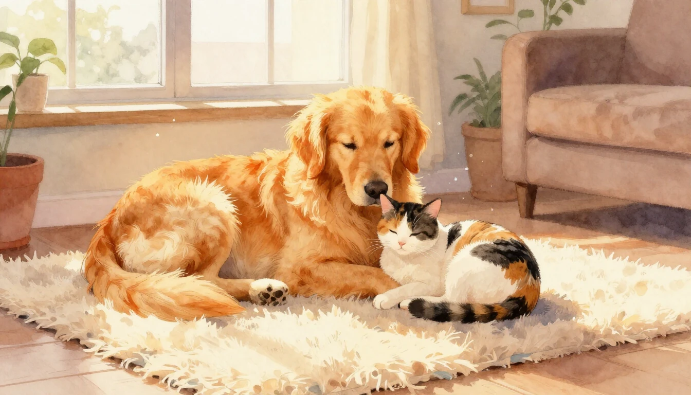 A soft watercolor painting depicting a cozy living room bath...