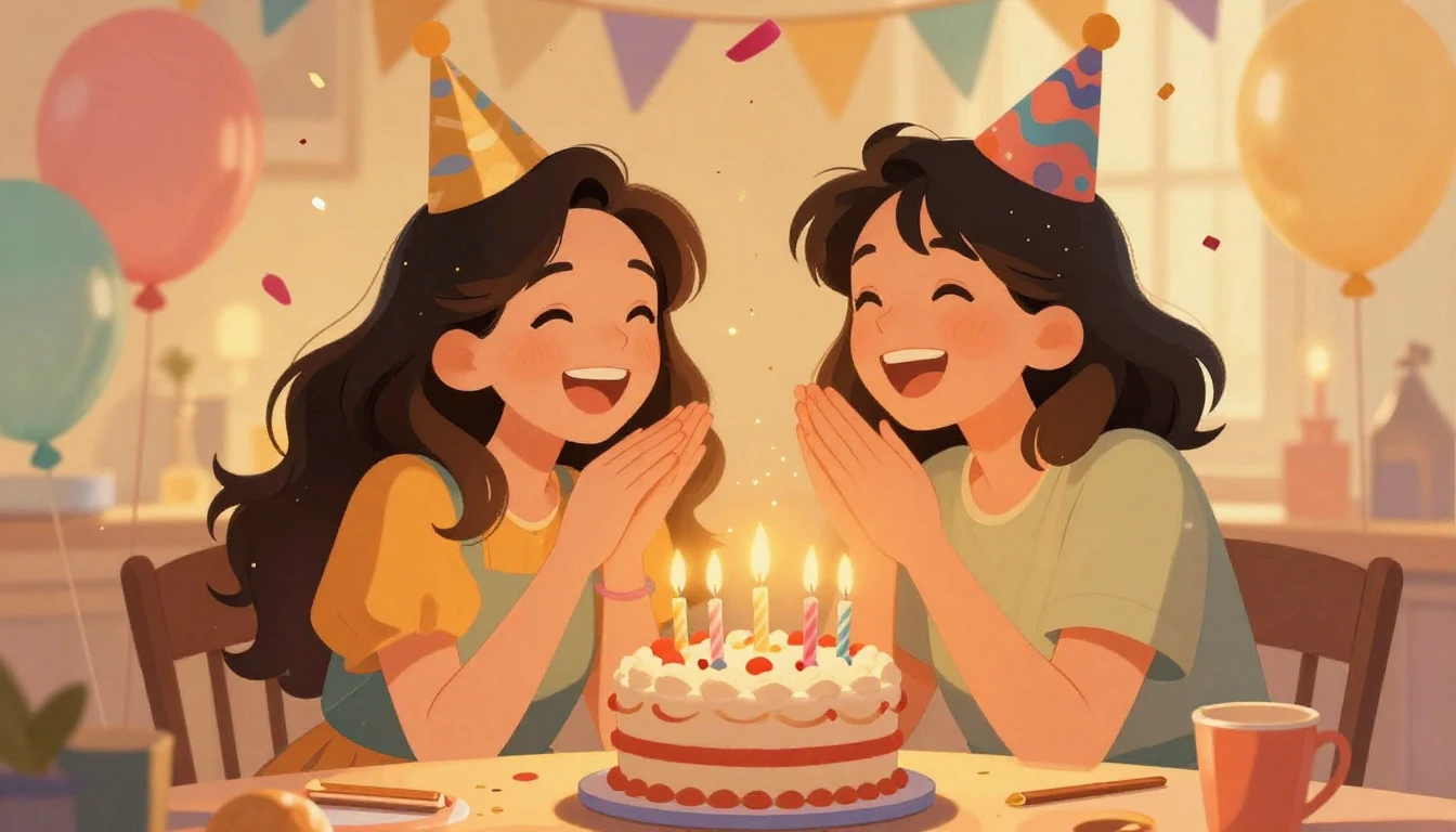 A warm and festive illustration of two best friends laughing...