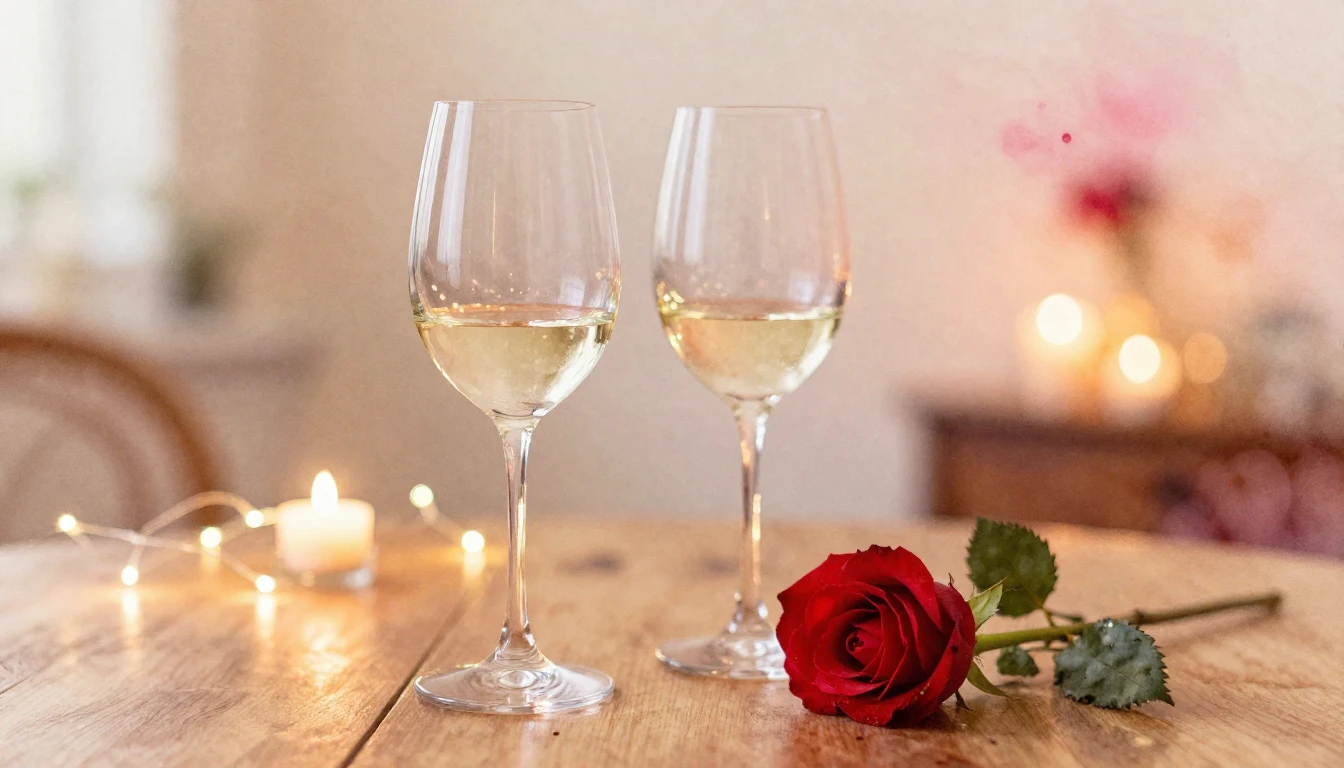 A soft watercolor painting of two elegant wine glasses stand...