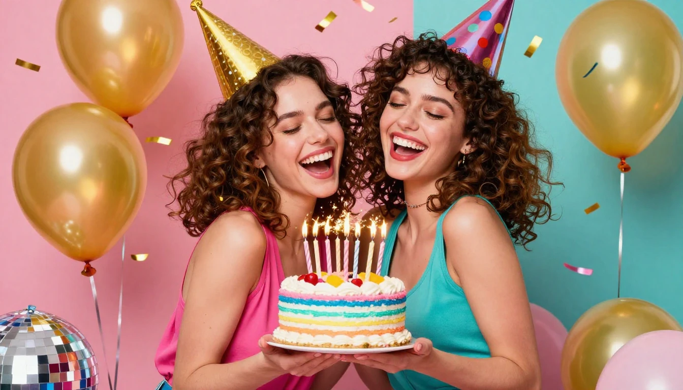 A vibrant and joyful scene of two young women celebrating a ...