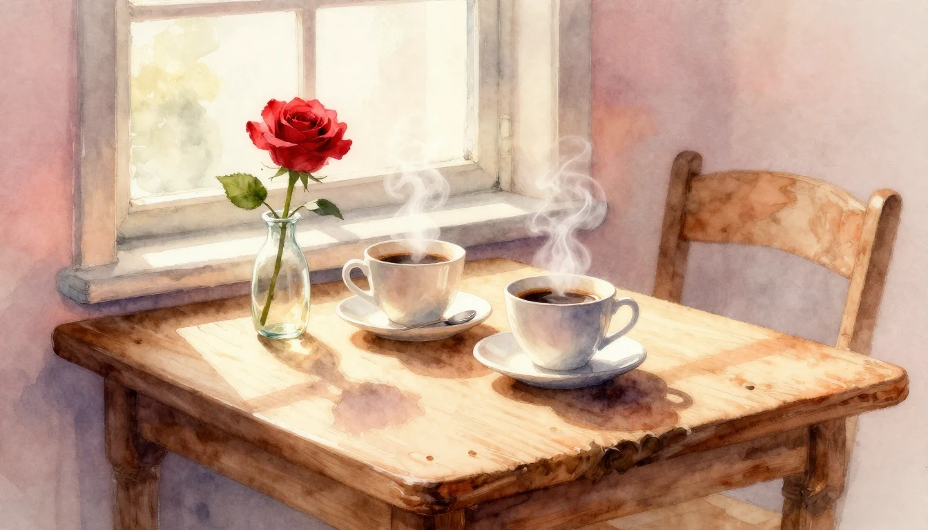 A soft and romantic watercolor painting depicting a cozy Val...