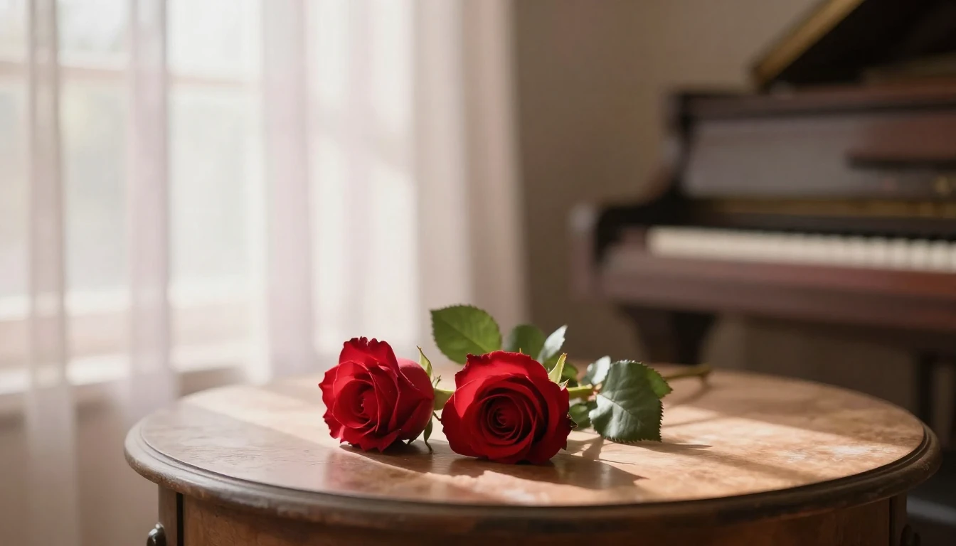 A soft and ethereal scene featuring two delicate red roses r...