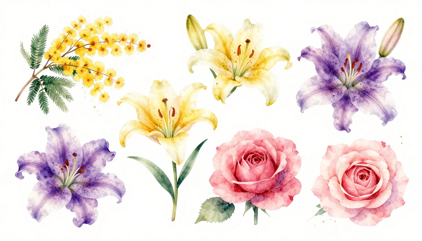 A beautiful watercolor painting of various blooming flowers ...