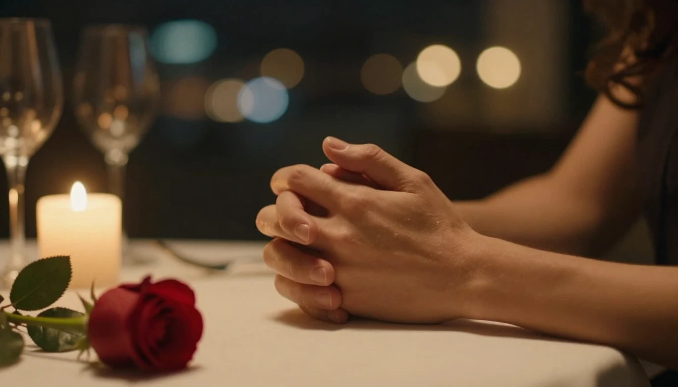 A cinematic, romantic close-up shot of a couple's hands gent...