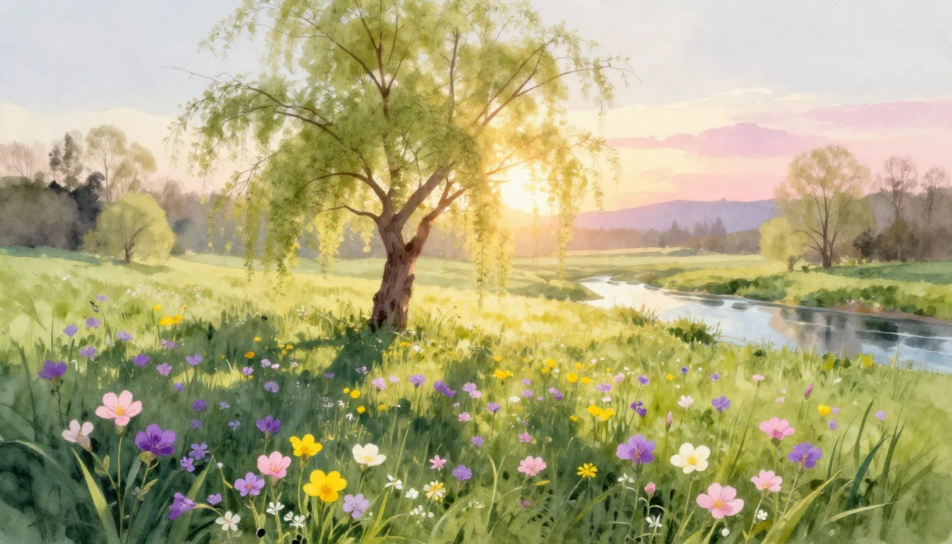 A beautiful watercolor painting of a lush, vibrant meadow at...