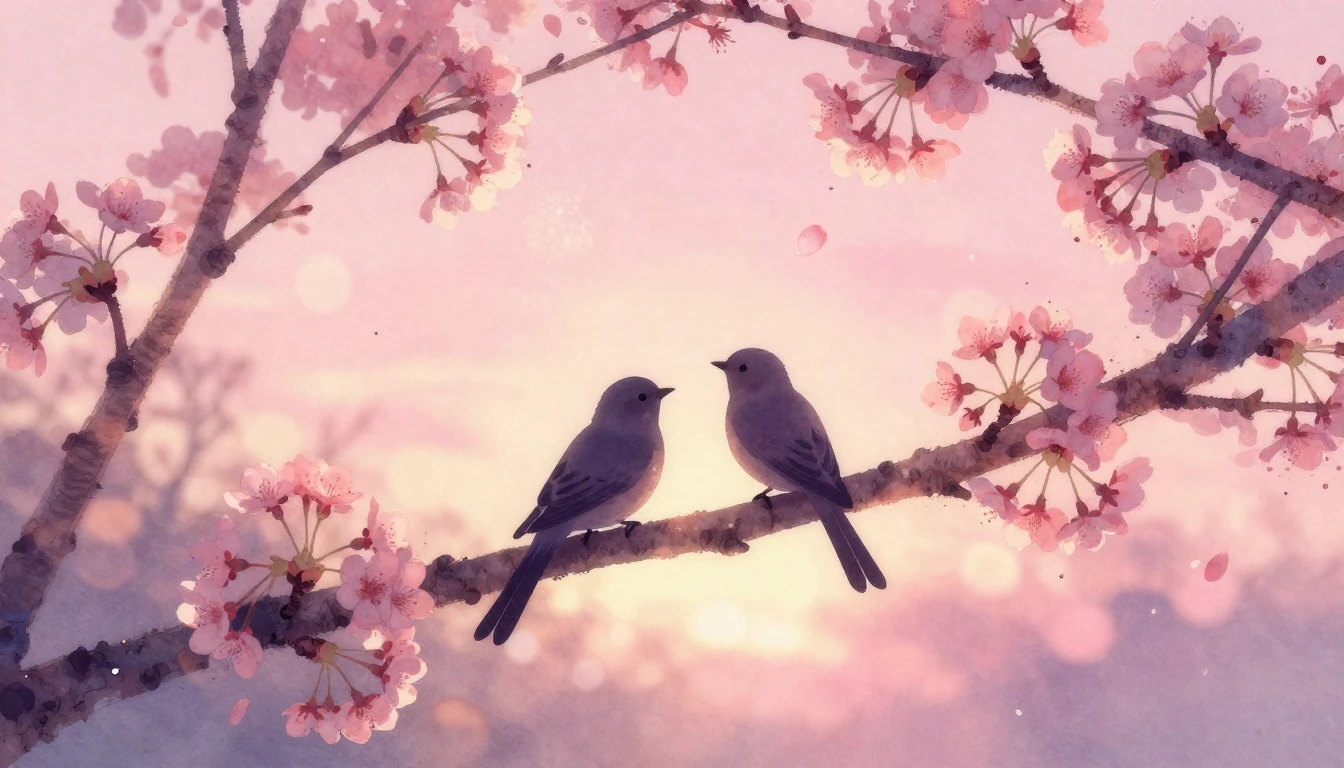 A dreamy and romantic scene featuring two silhouettes of bir...