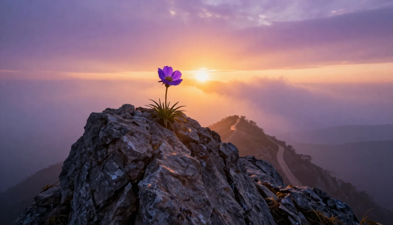 A breathtaking landscape at sunrise, where golden light brea...