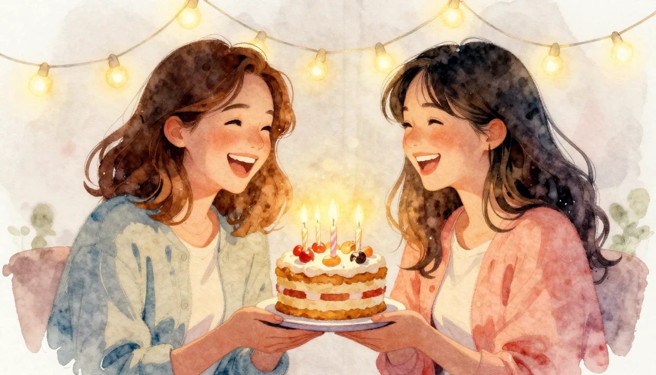 A beautiful watercolor painting of two friends laughing toge...