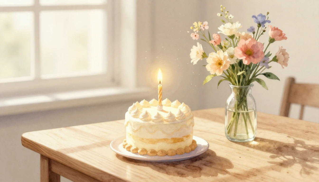 A delicate watercolor painting of a small, elegant birthday ...