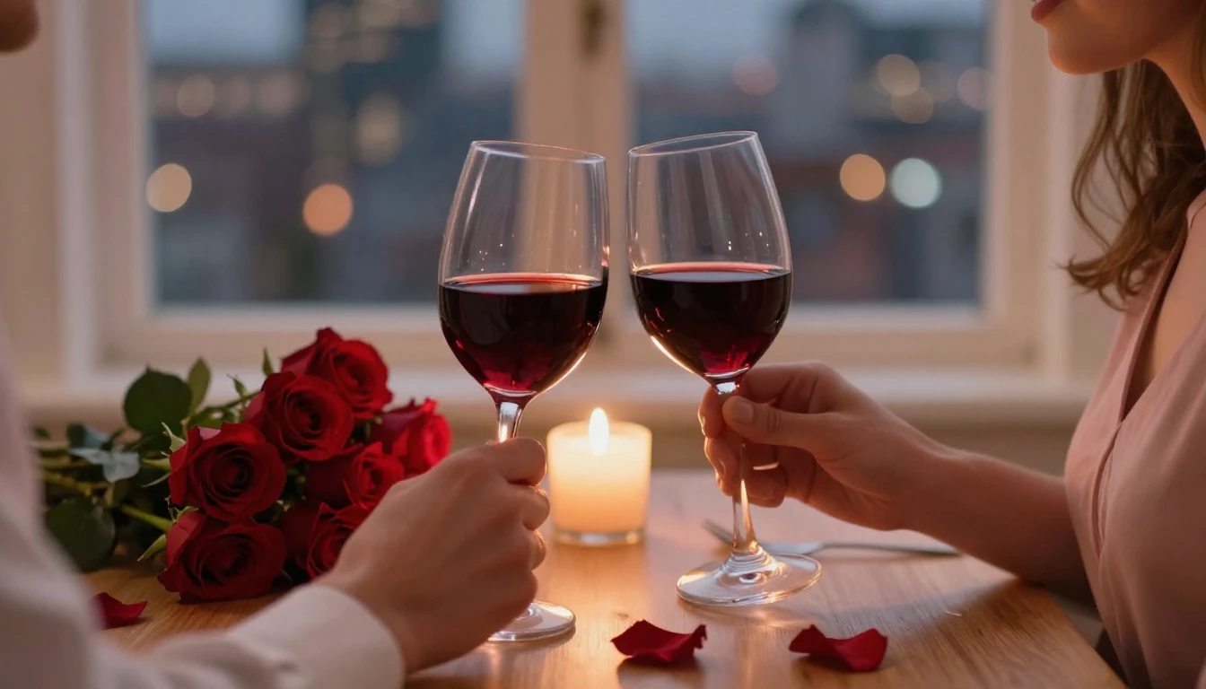 A romantic close-up scene of a Valentine's Day dinner for tw...