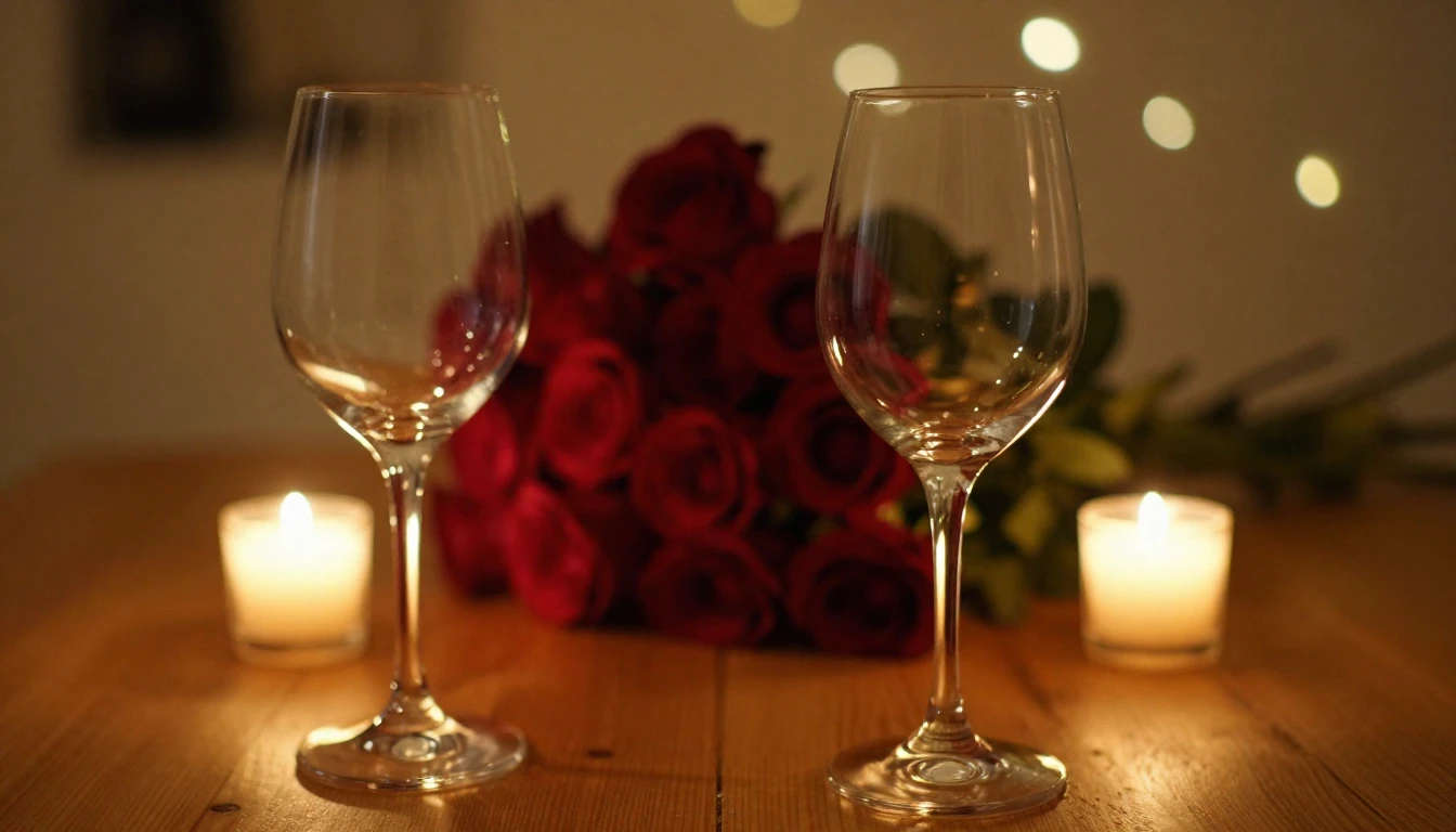 A close-up shot of two elegant wine glasses on a wooden tabl...