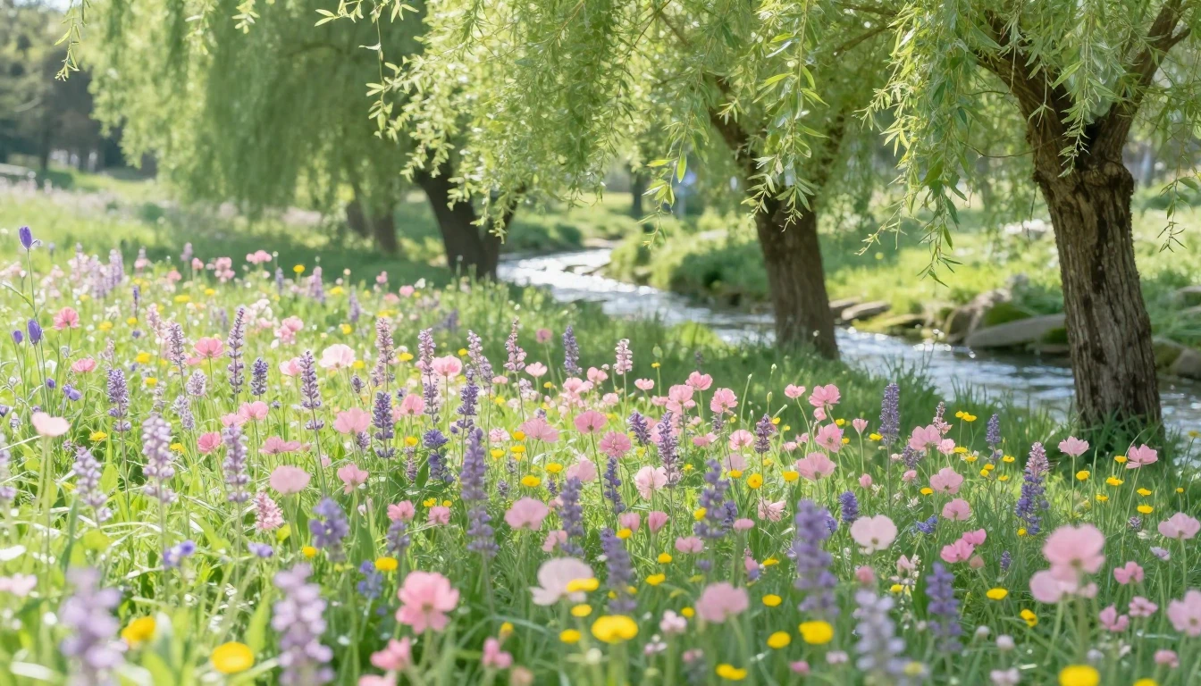 A vibrant scene depicting a lush meadow filled with blooming...