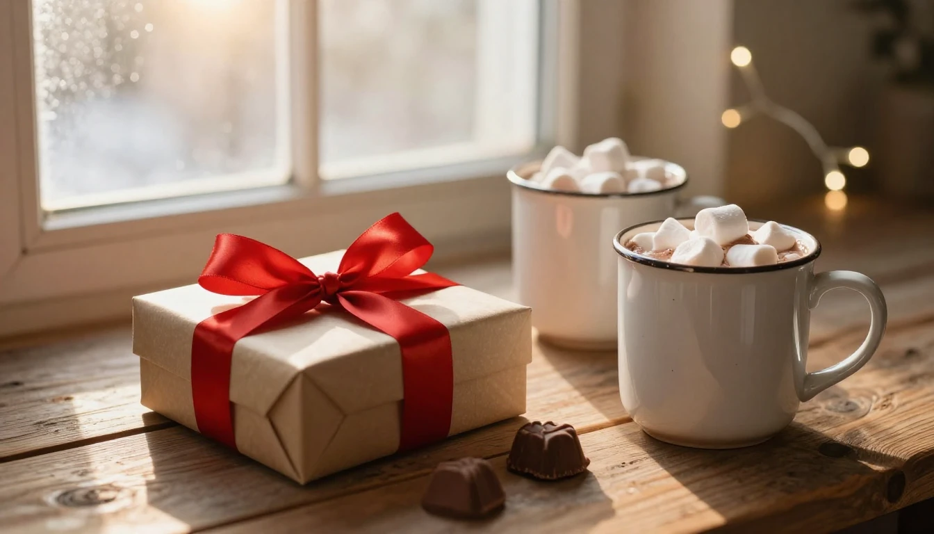 A warm and romantic close-up scene of a Valentine's Day gift...