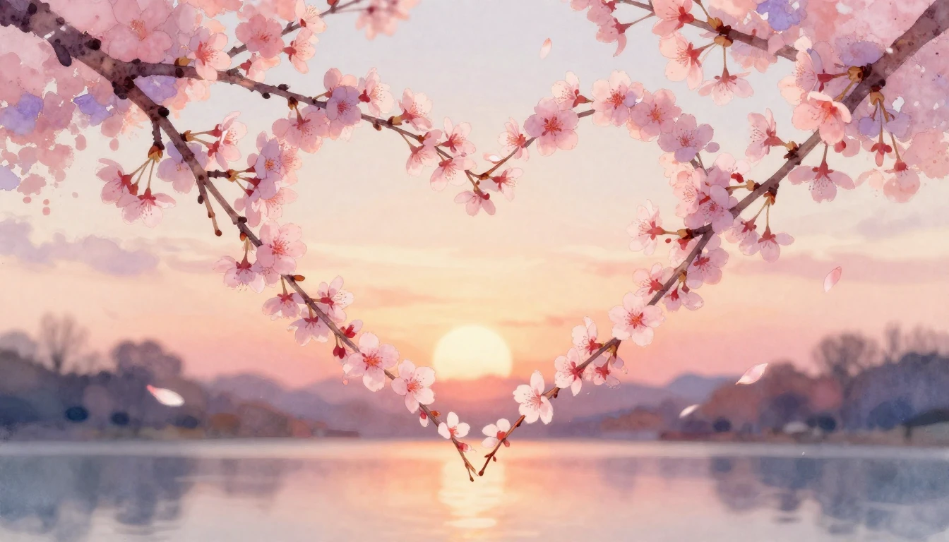 A delicate watercolor painting of two intertwined cherry blo...