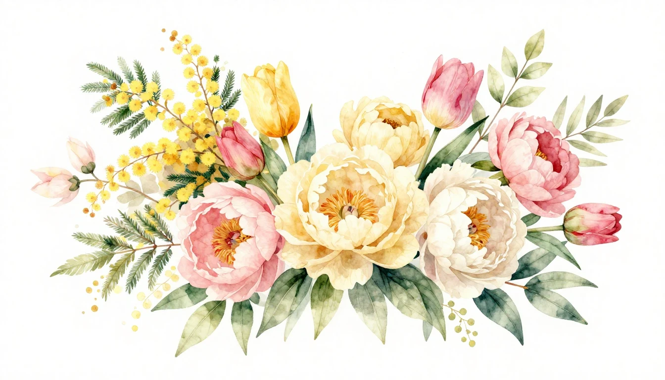 A beautiful watercolor painting of a lush bouquet of spring ...