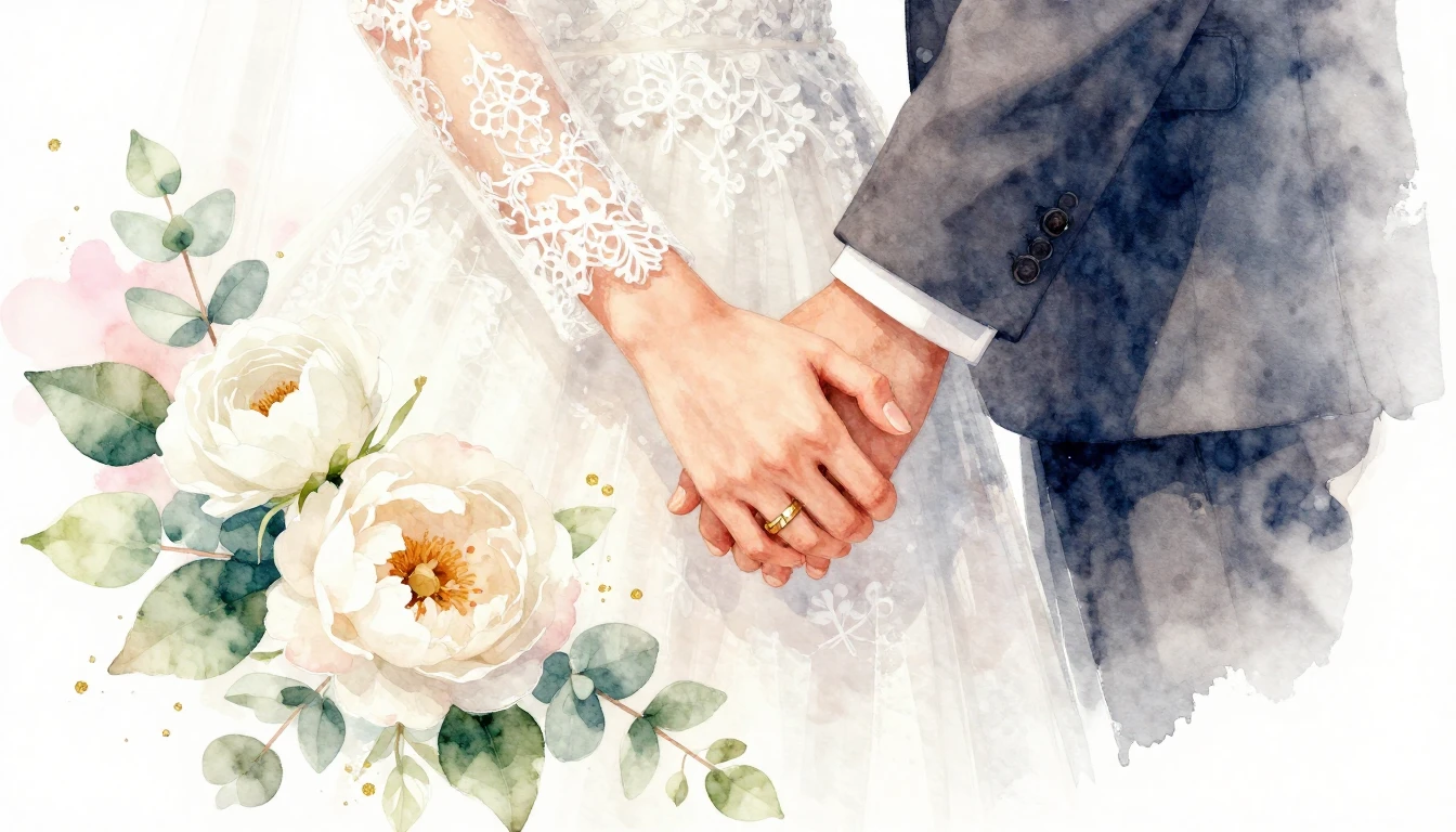 A romantic and soft watercolor illustration of a bride and g...