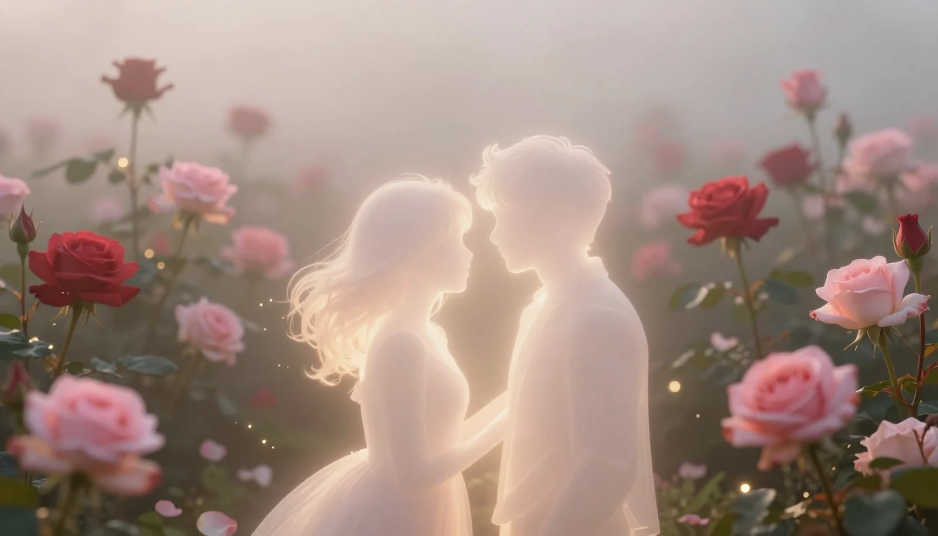 A delicate and ethereal scene featuring two glowing silhouet...