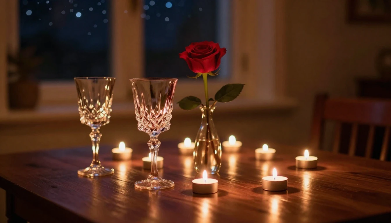 An intimate indoor setting for a romantic evening. A polishe...