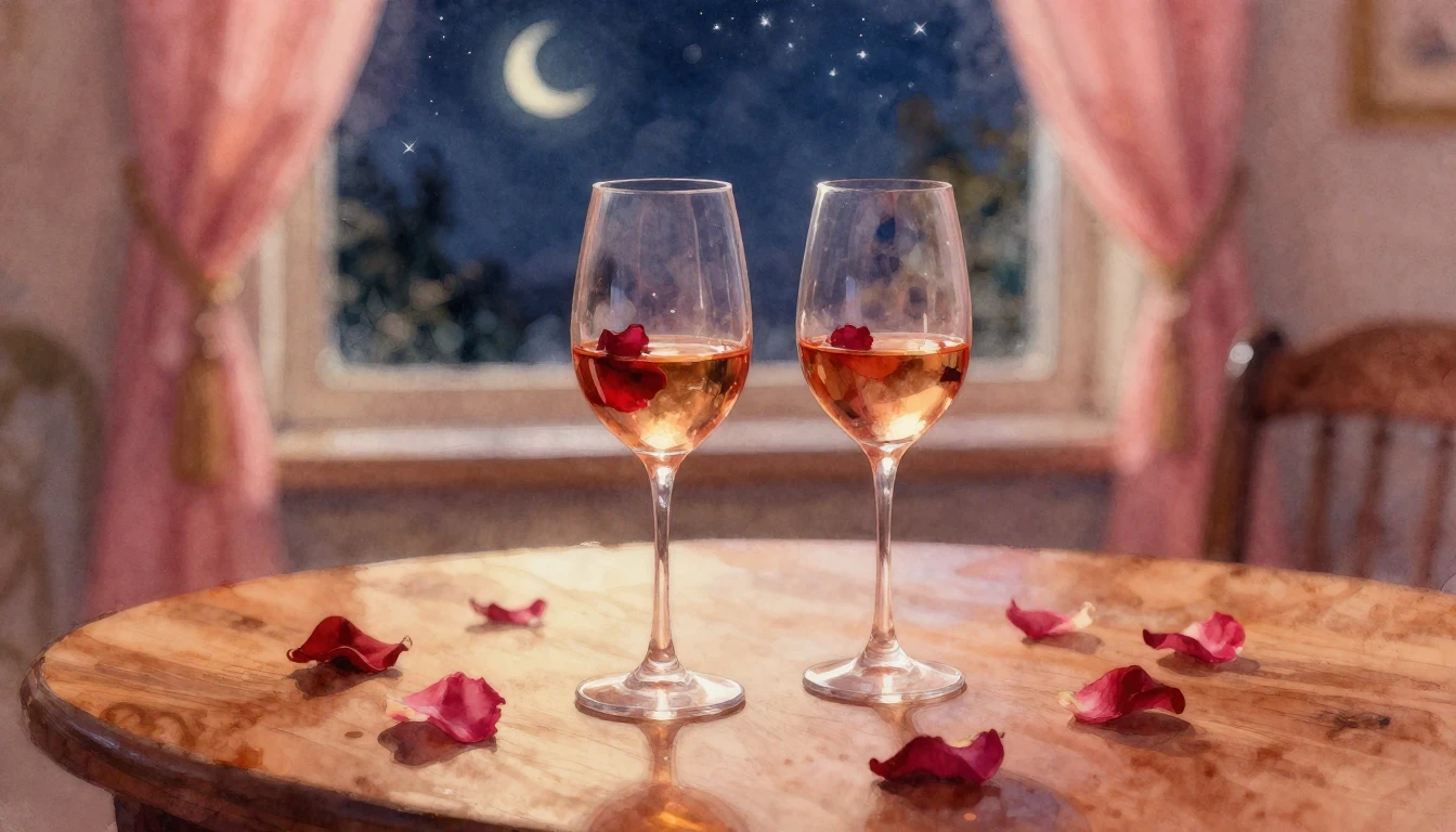 A dreamy watercolor painting of two elegant wine glasses sit...