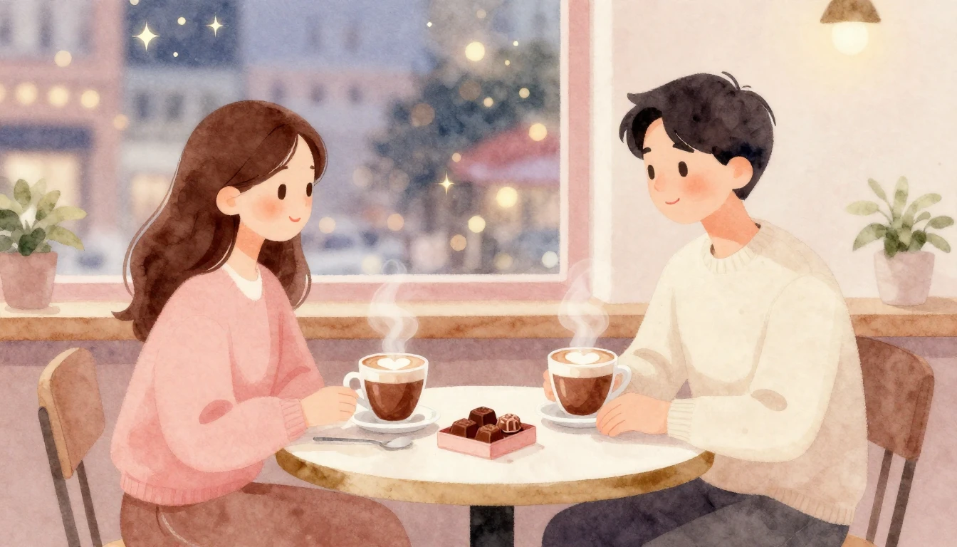 A soft and dreamy watercolor illustration of a cozy cafe tab...