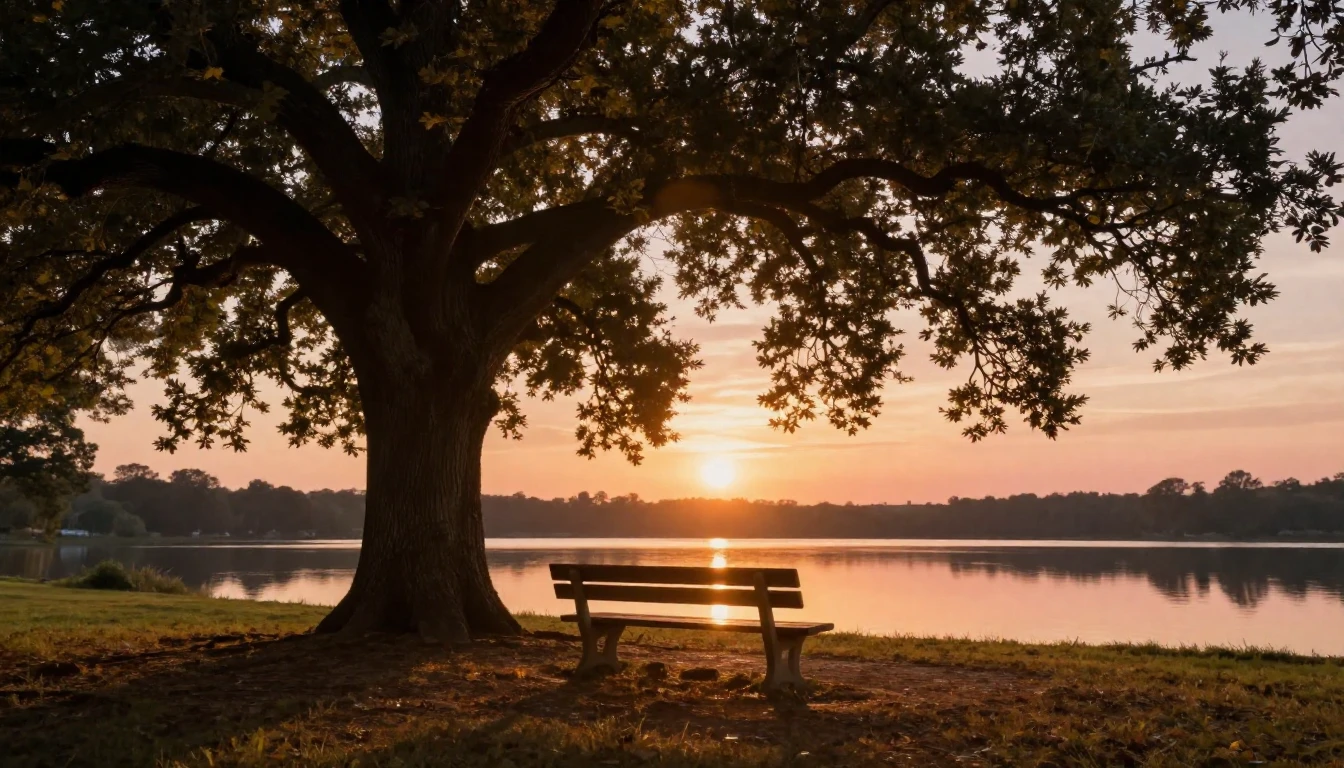 A serene and warm scene depicting an empty wooden bench unde...