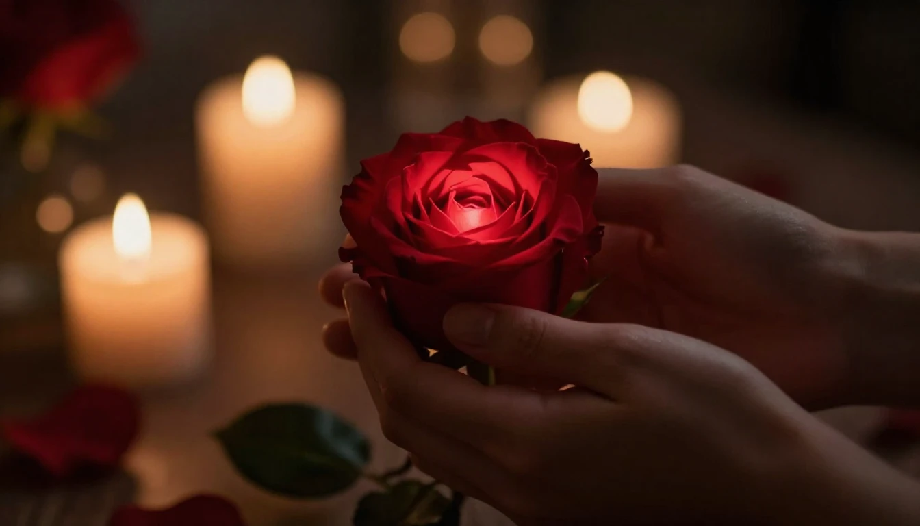 A cinematic and romantic close-up shot of two hands gently h...