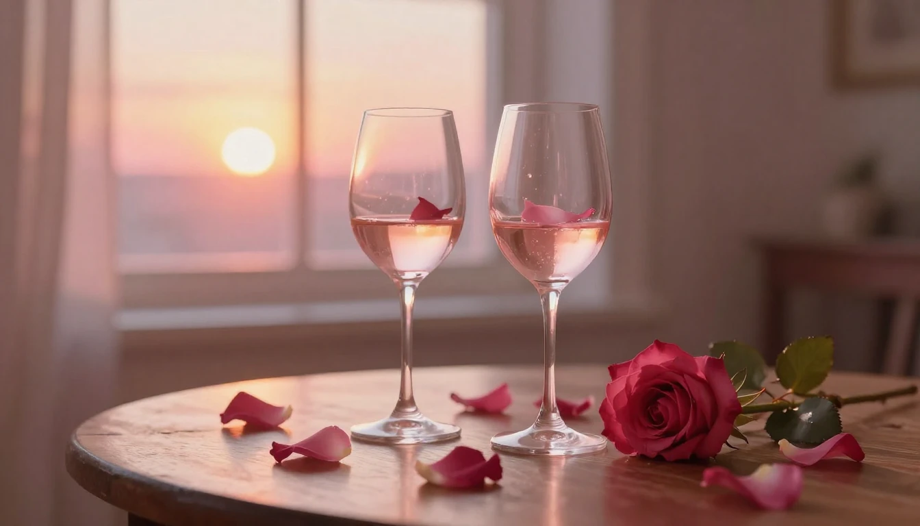 A dreamy and romantic scene featuring two elegant wine glass...