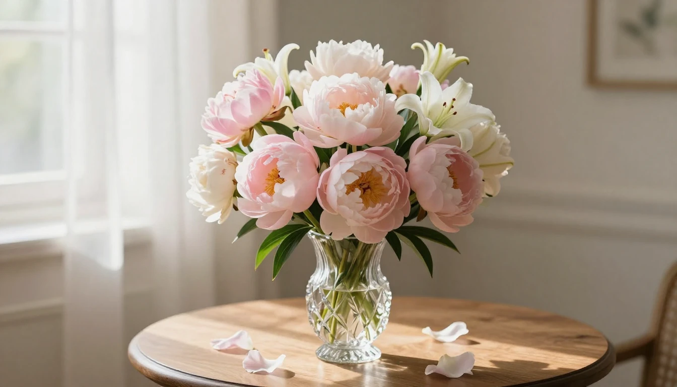 A beautiful bouquet of soft pink peonies and white lilies in...