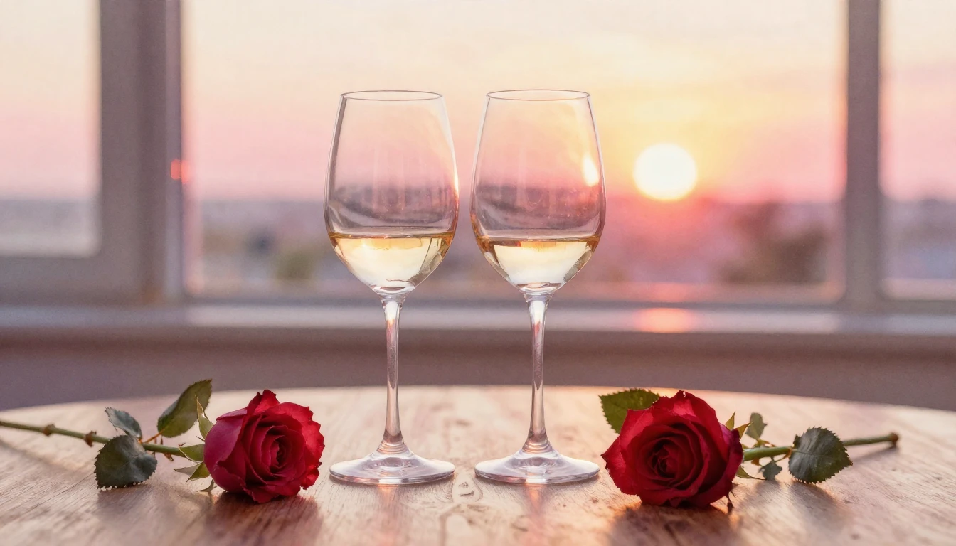 A soft watercolor painting of two elegant wine glasses sitti...