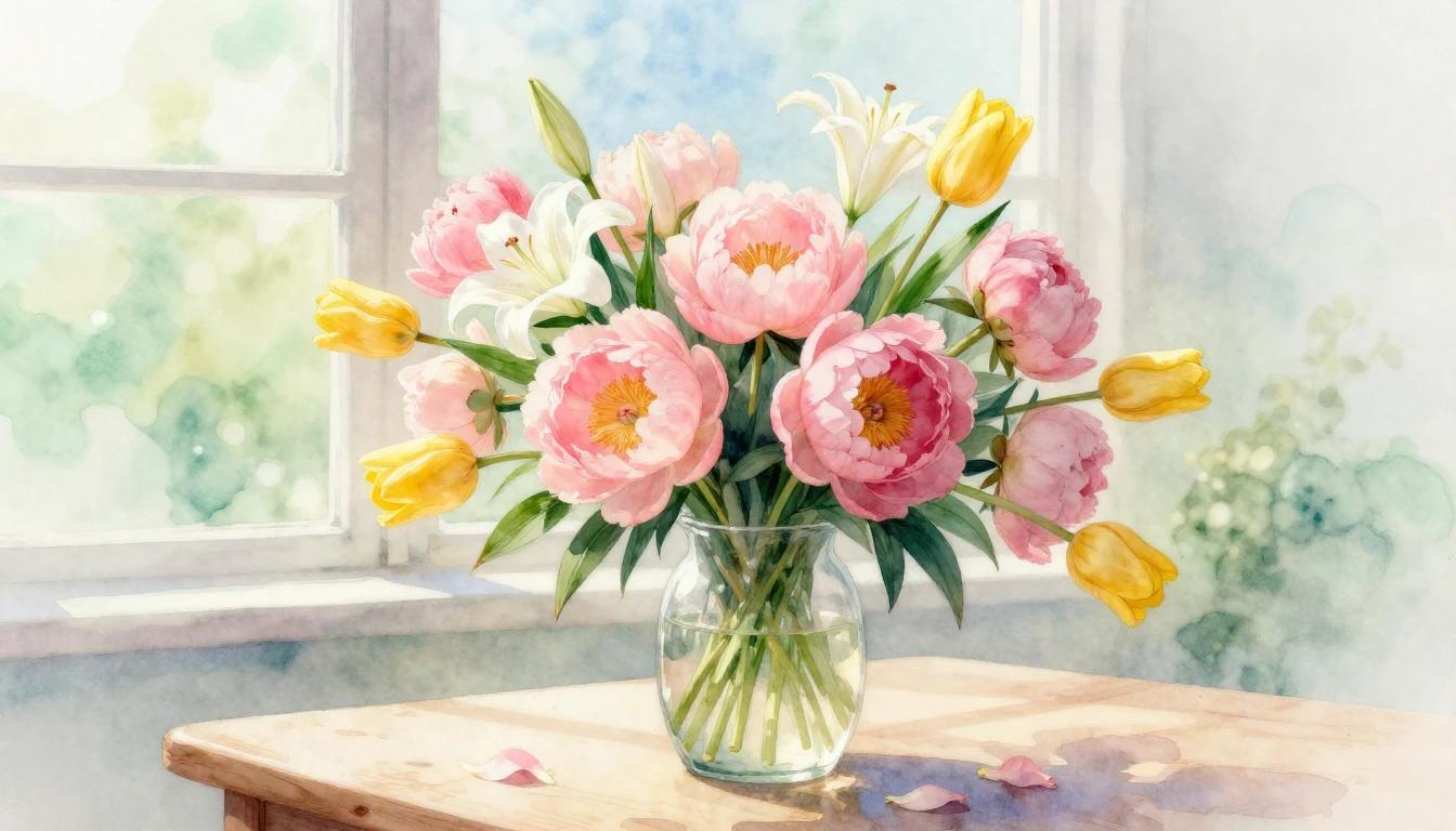 A beautiful and delicate watercolor painting of a lush sprin...