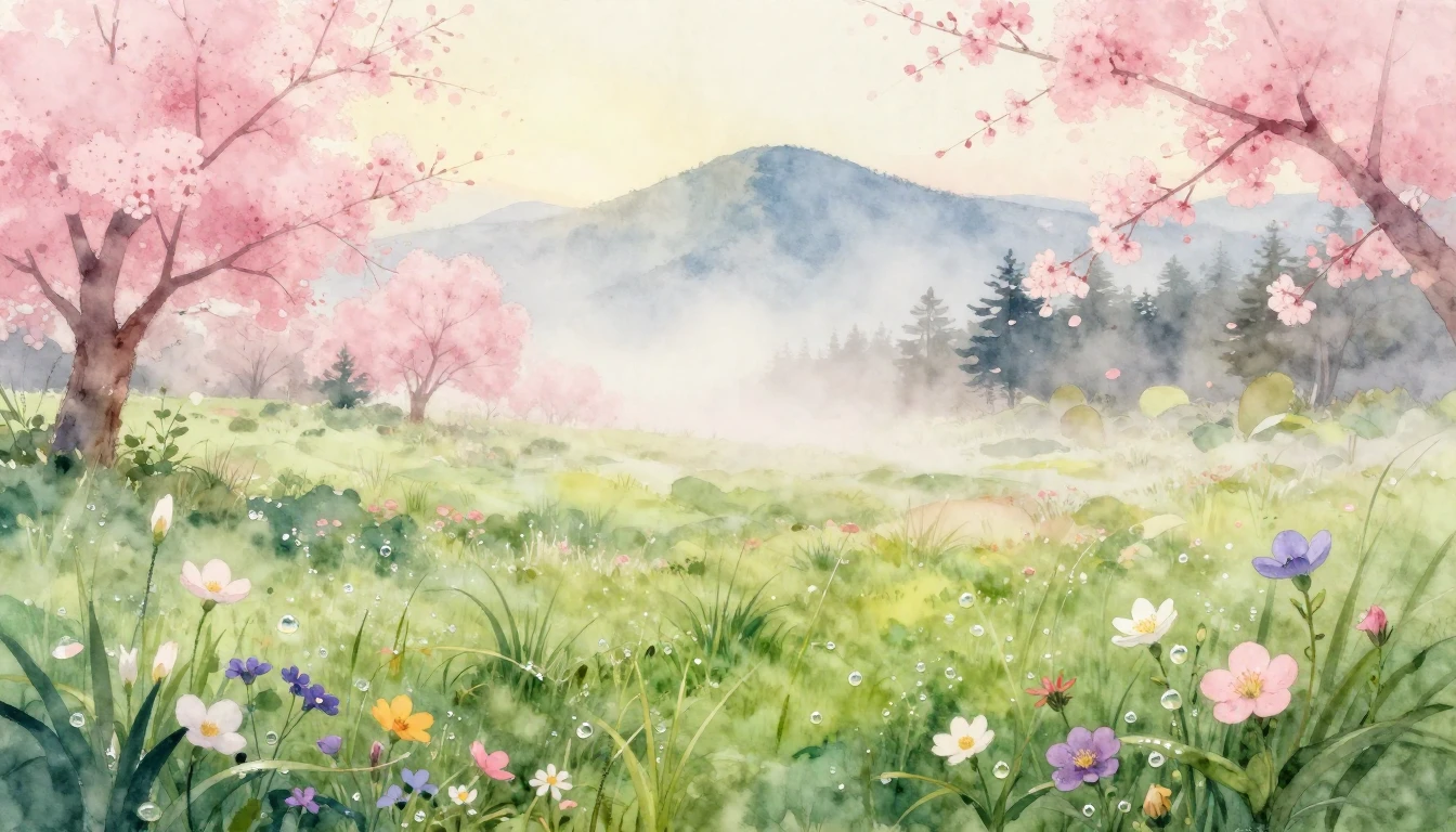 A delicate watercolor painting of a lush meadow at dawn. Sof...