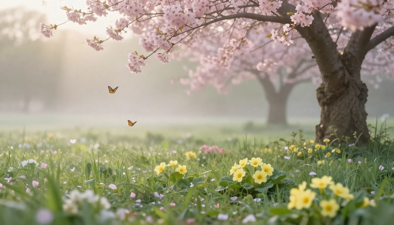 A lush meadow at dawn during early spring. Soft pastel color...