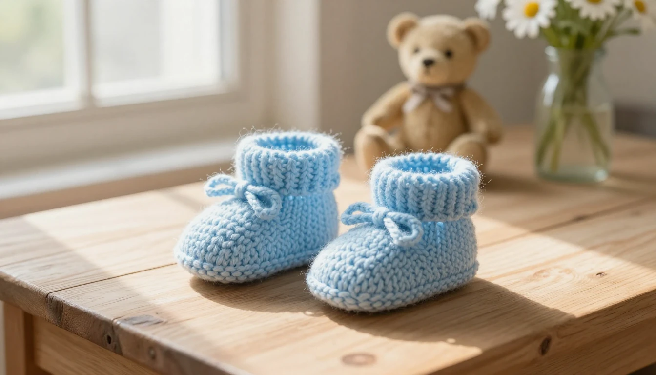 A pair of tiny, pastel blue knitted baby booties sitting on ...