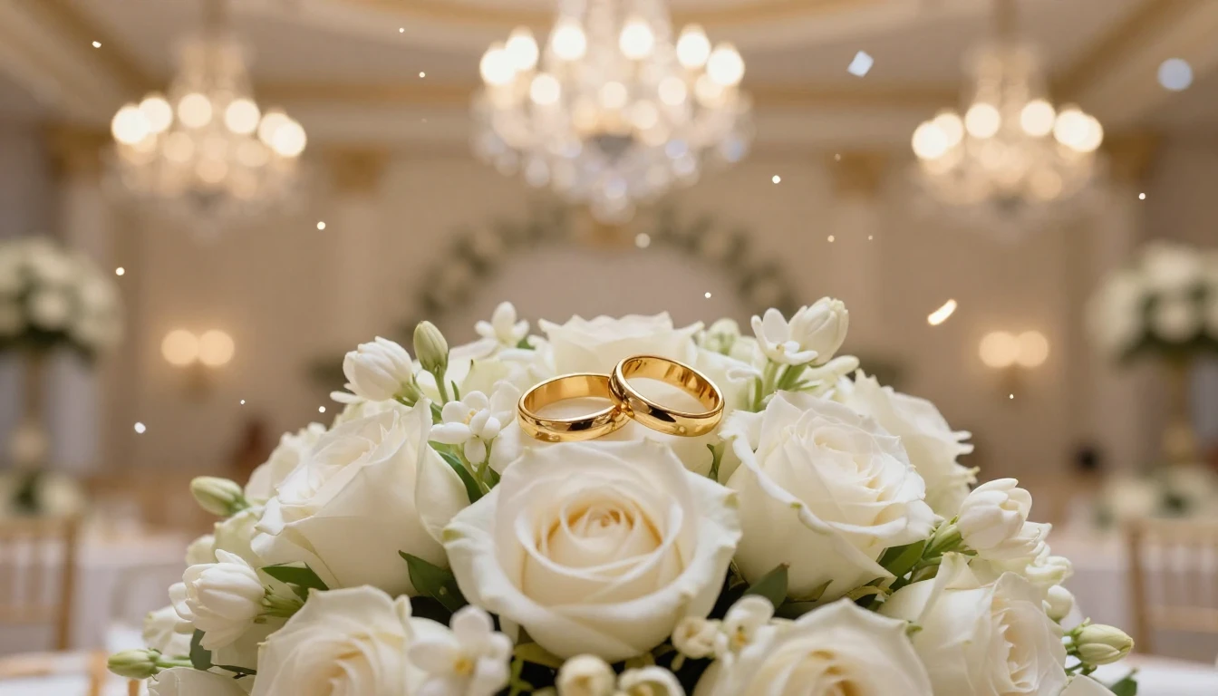 A cinematic close-up shot of a luxurious wedding celebration...