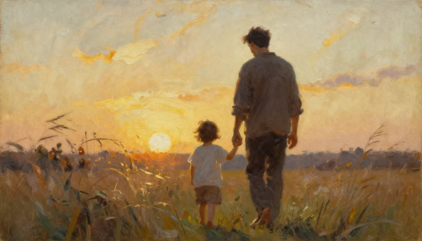 A heartwarming oil painting showing the silhouette of a fath...