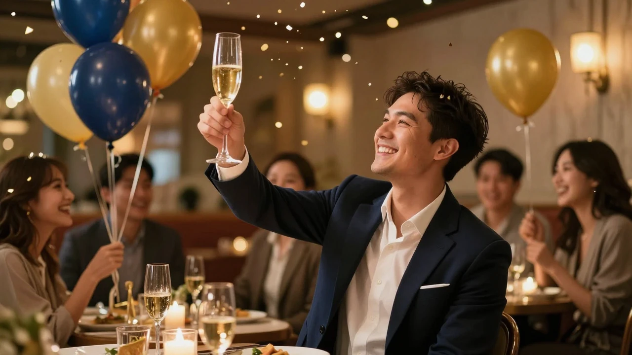 A warm and festive celebration scene focusing on a stylish, ...