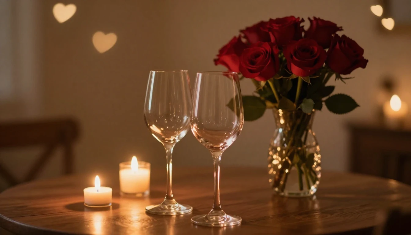 A serene and romantic scene featuring two elegant wine glass...